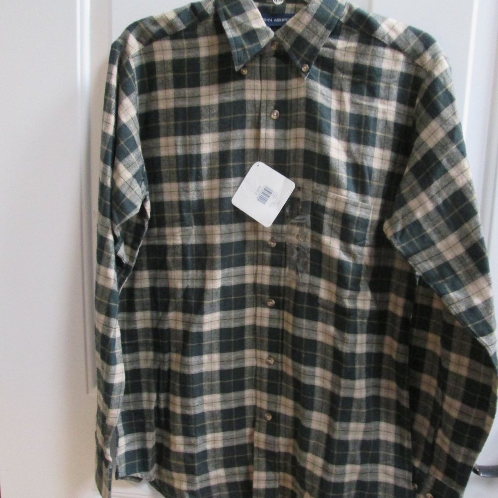New JOHN ASHFORD men's gray/blue plaid flannel shirt Sz S